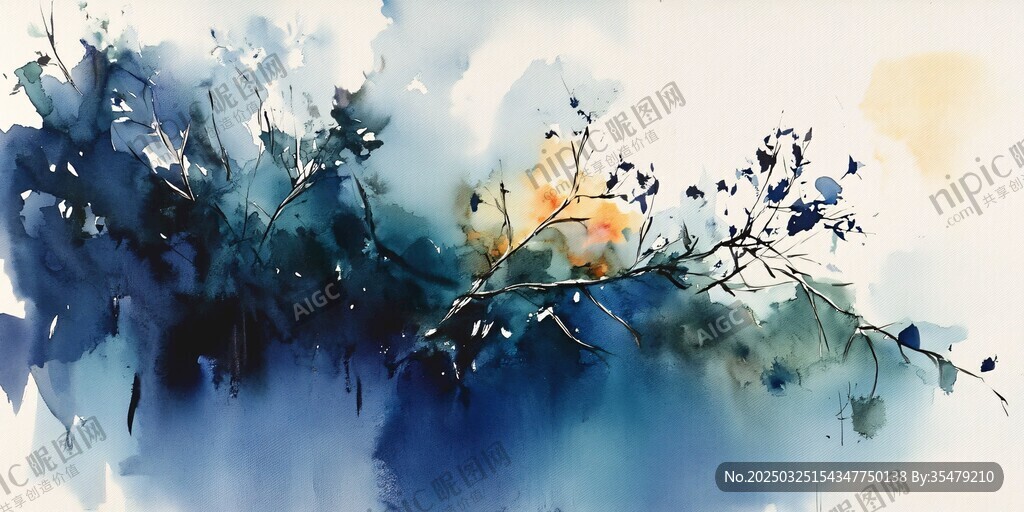 蓝调水彩绘就的花卉景致