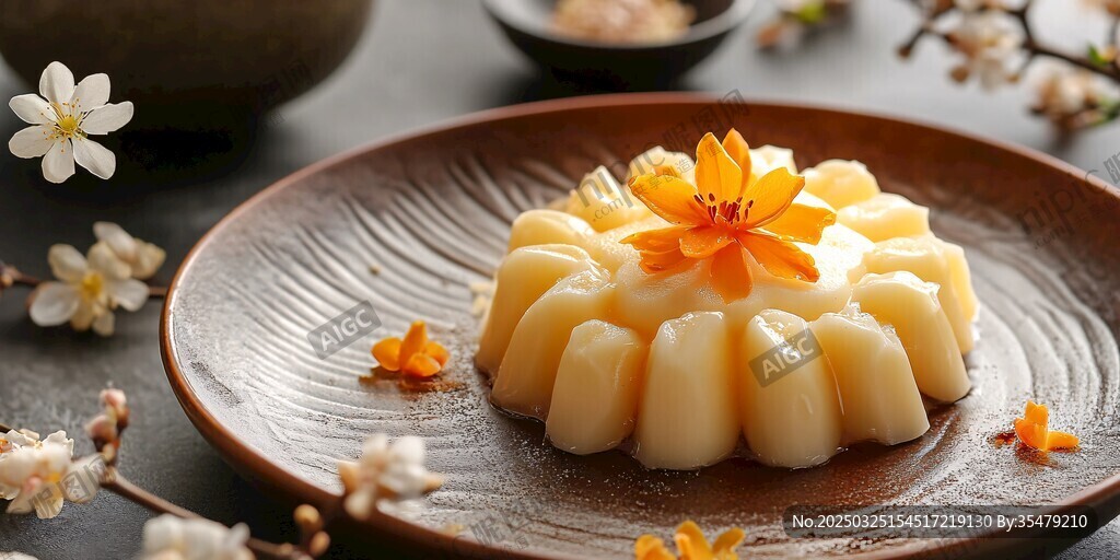 桂花糕摆于盘间花朵相伴