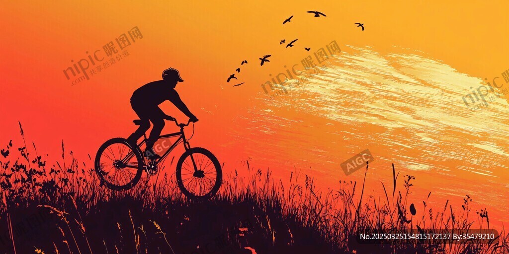 夕阳下的骑行者与飞鸟