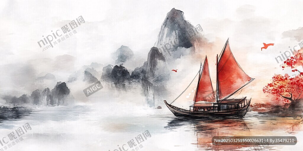 水墨江景中红帆孤舟