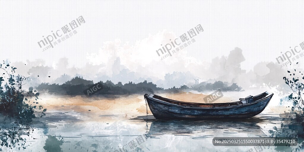 水墨孤舟静泊湖景图