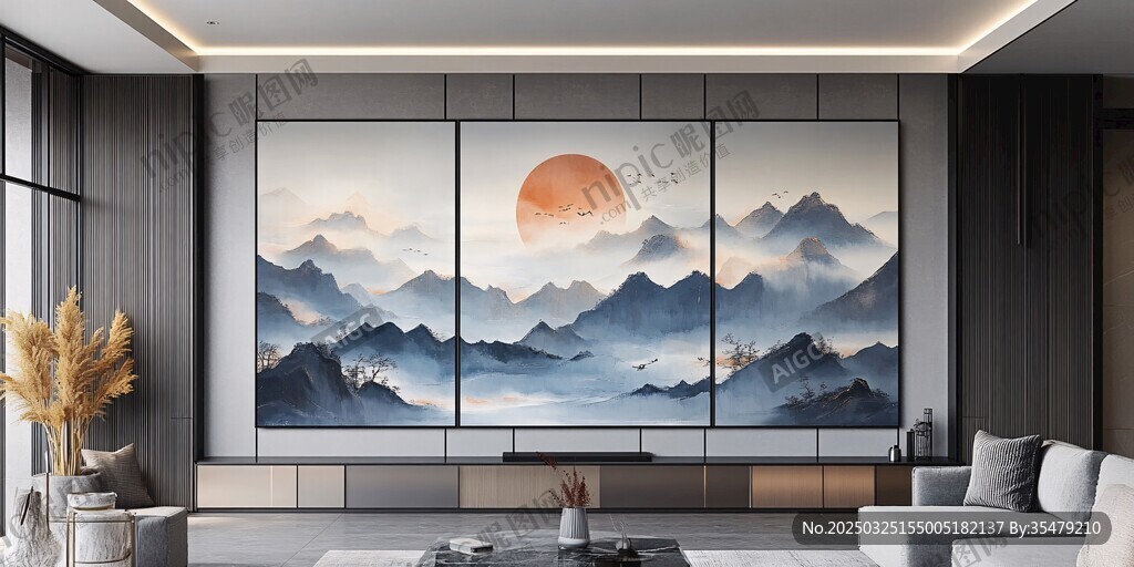 中式客厅的山水艺术壁画