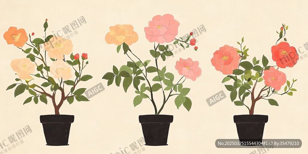 三盆盆栽花卉插画欣赏