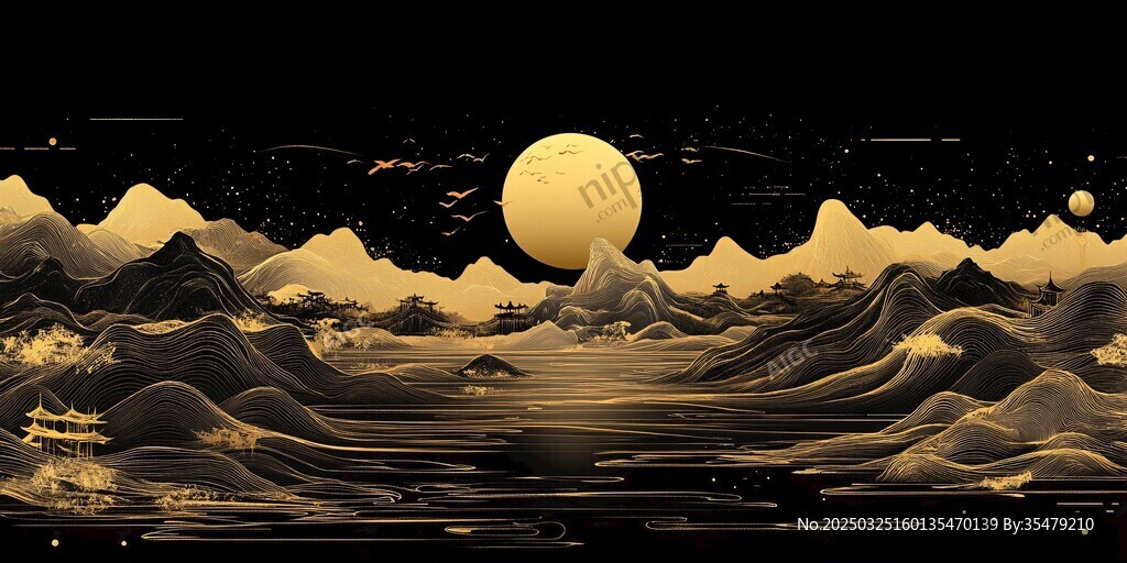 金色月夜下的壮丽山水景观