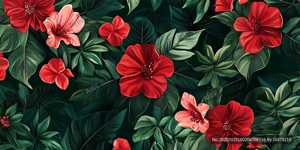 深红粉花绿叶繁茂图案