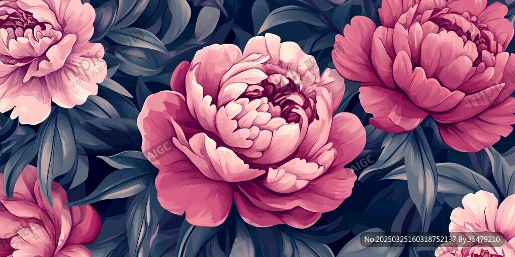 梦幻粉色牡丹花无缝图案