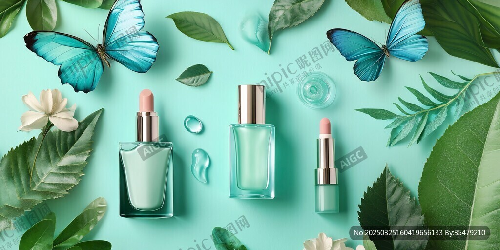 清新绿植环绕的美妆产品