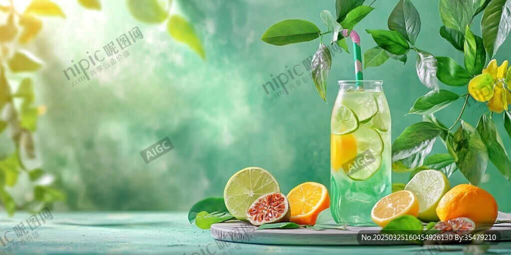 清新绿植旁的缤纷果味饮品