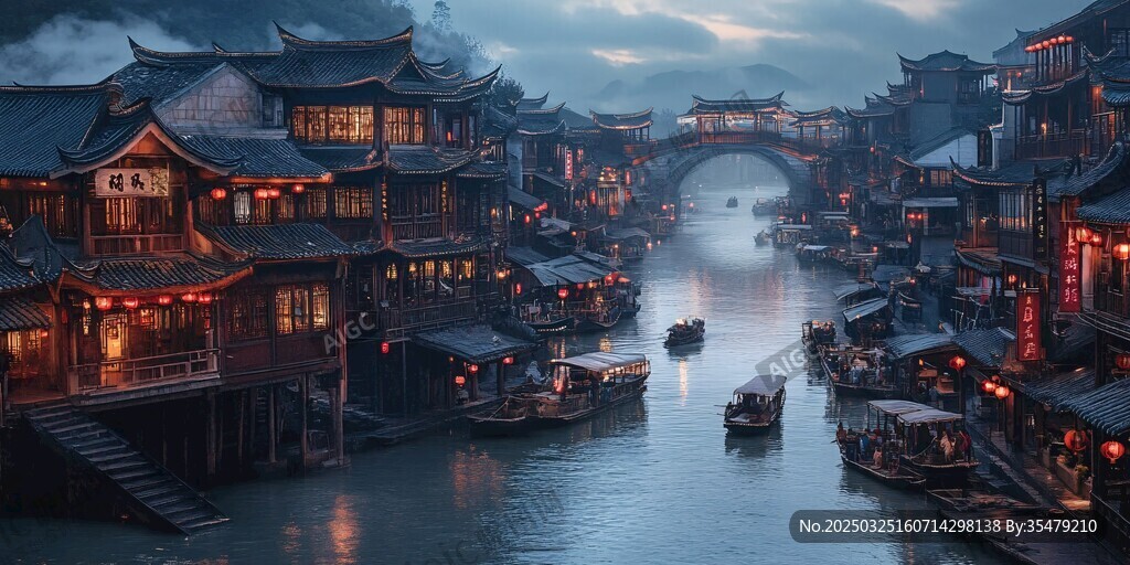 江南水乡夜色中的古韵小镇