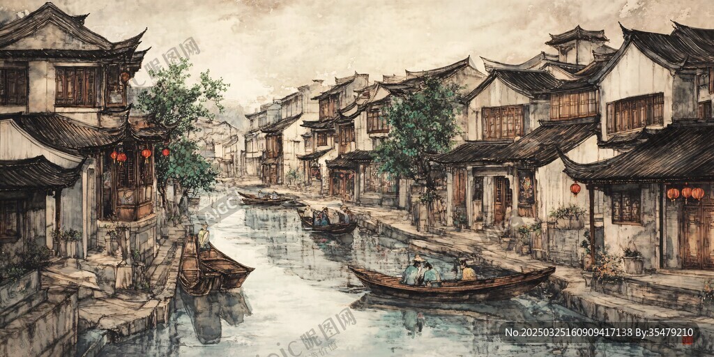 江南水乡古巷中的悠然小船