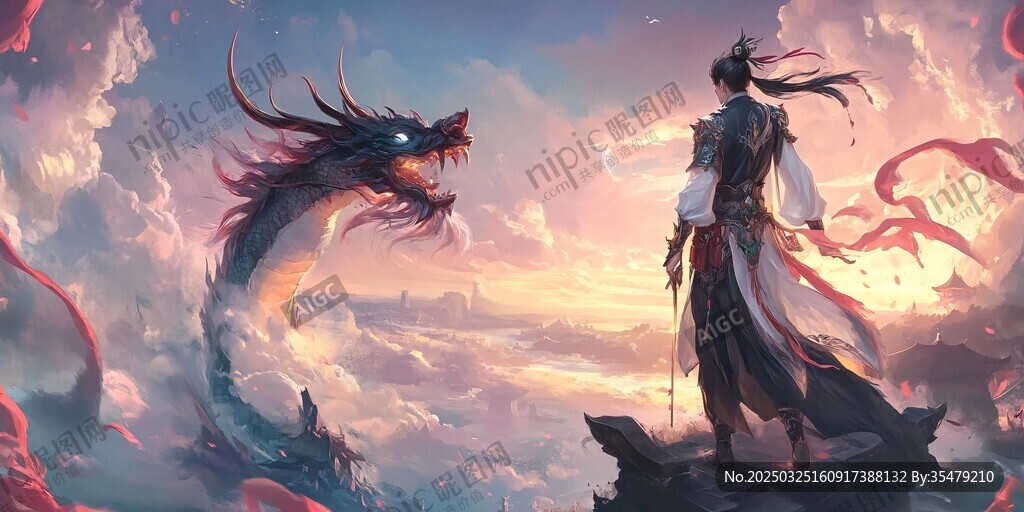 仙侠少年与神龙对望之景