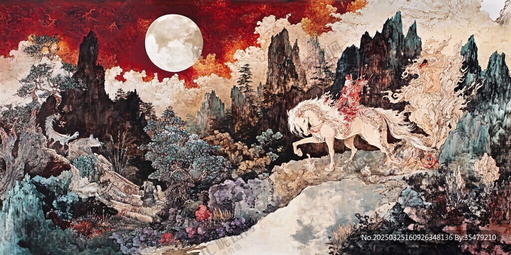 月夜仙景中的奇幻白马