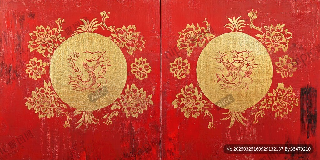 中式红底金纹双圆吉祥图案