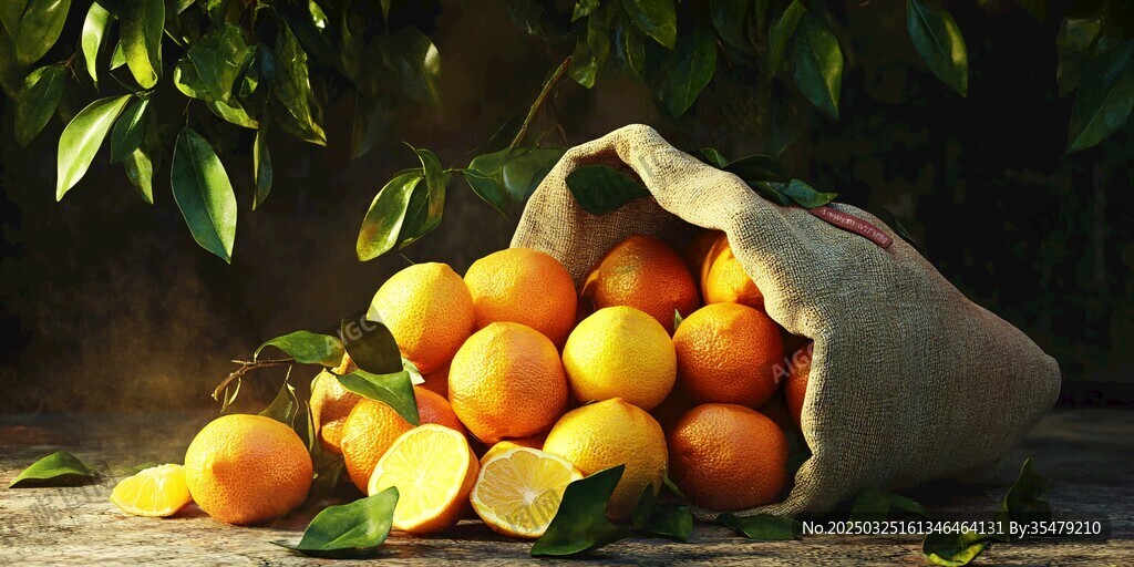 麻布口袋里饱满的鲜橙