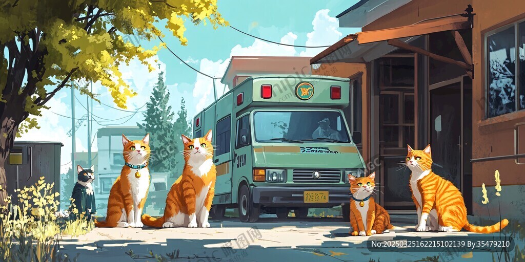 猫咪齐聚在复古救护车旁