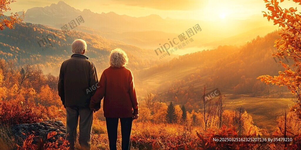 夕阳下老夫妻的温馨漫步