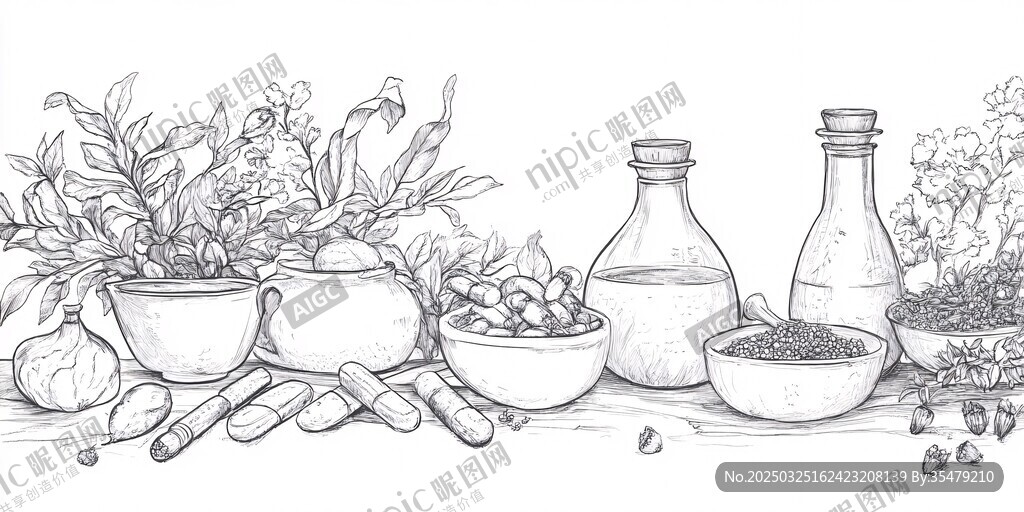 手绘药草与瓶罐静物图