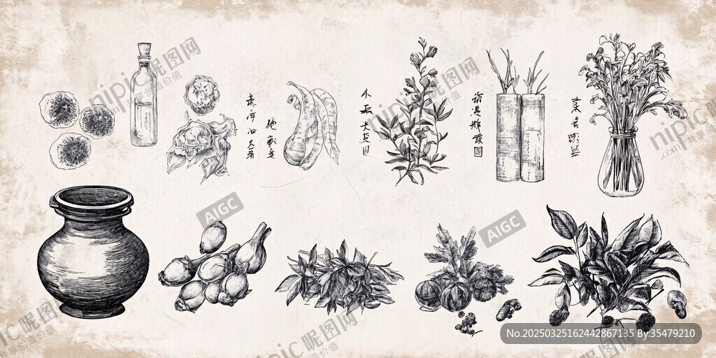 手绘传统草药与器物图