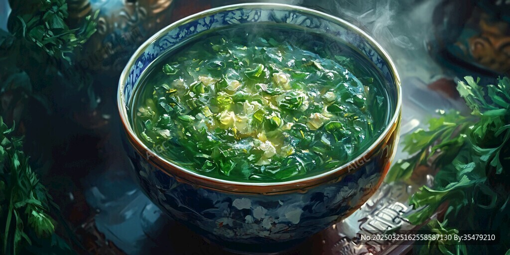 青花瓷碗中的翡翠蛋花汤