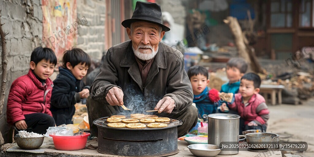 老人街头烹饪引孩童围观