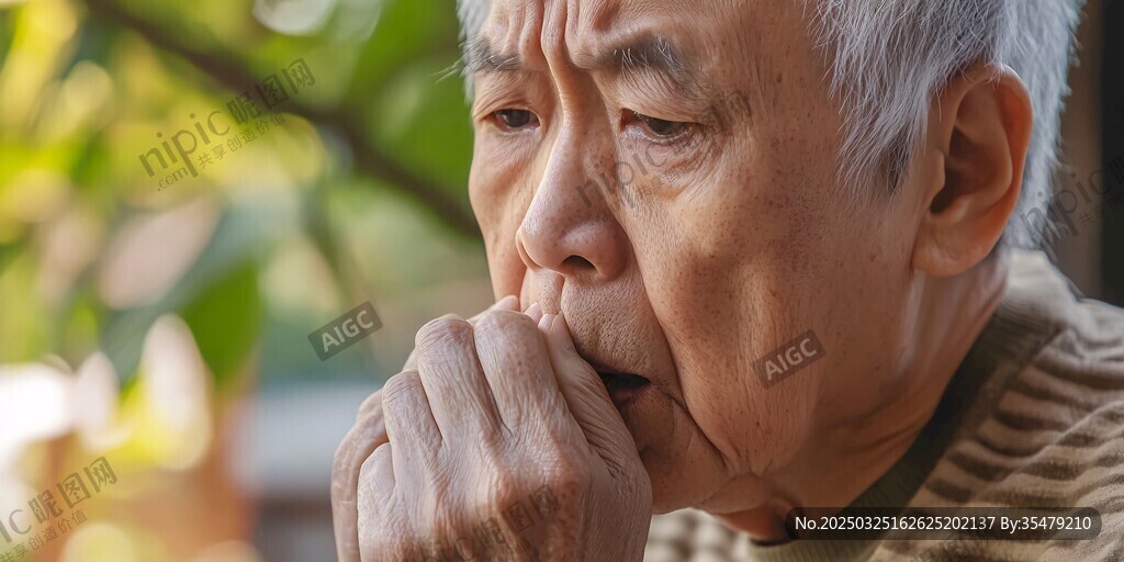 老人户外单手托腮显沉思