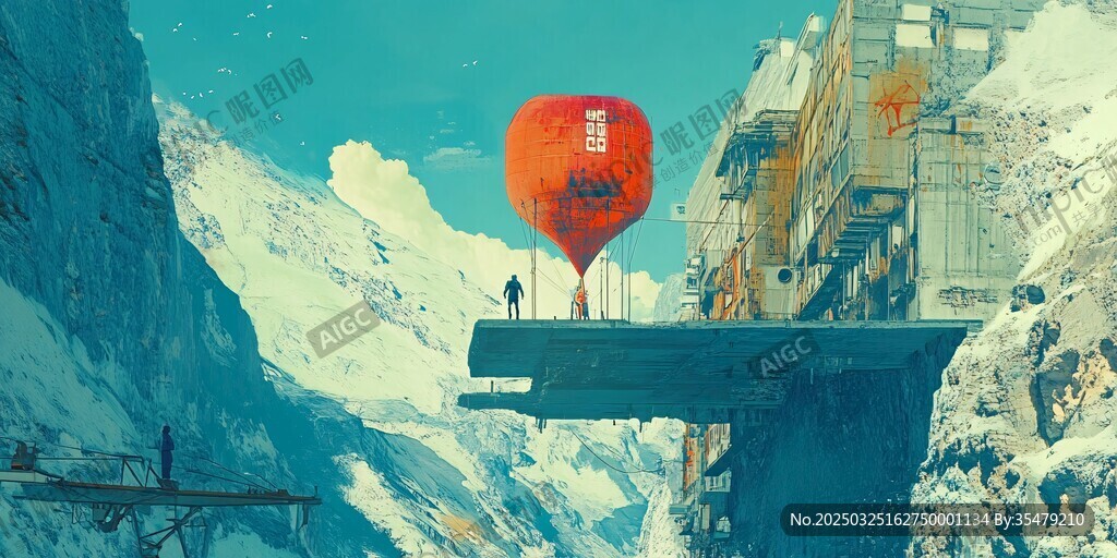 奇幻悬桥红气球与雪山
