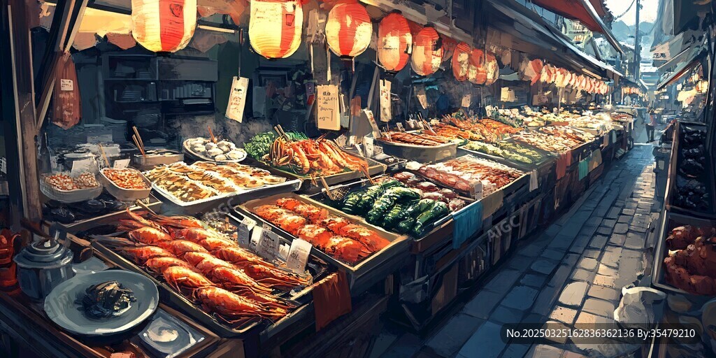 日式热闹夜市美食摊位