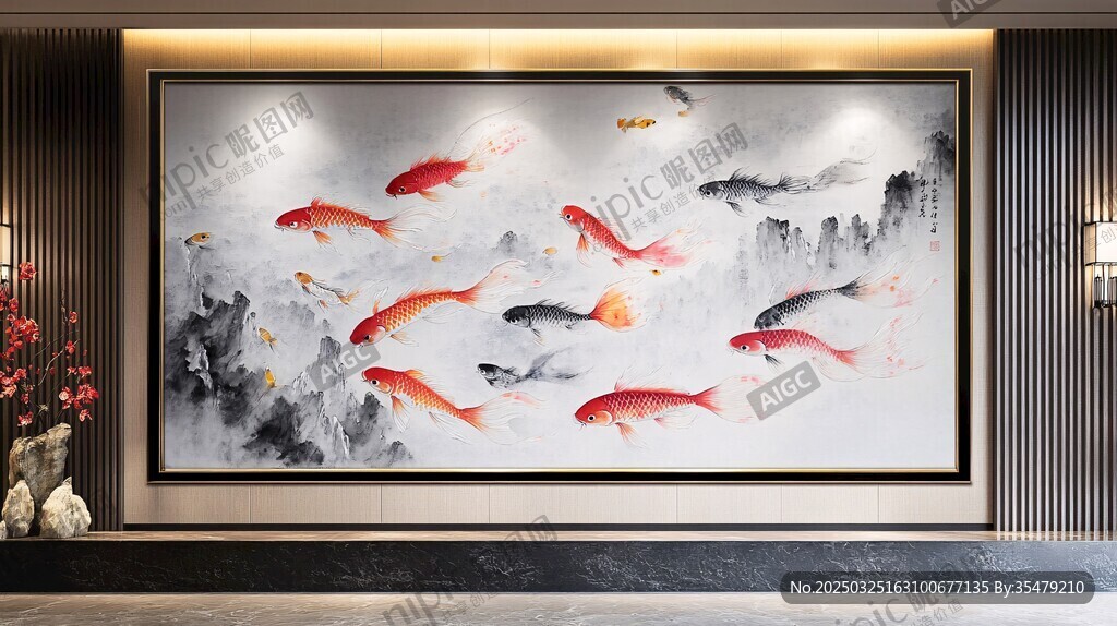 中式客厅九鱼图装饰画