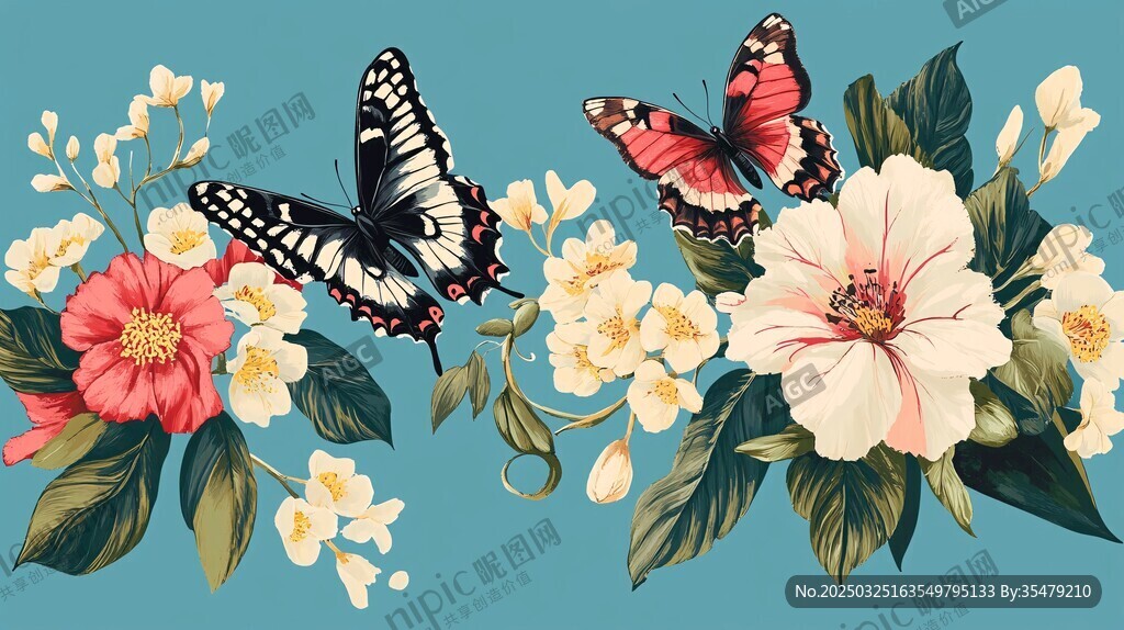 蝴蝶伴花的美丽插画