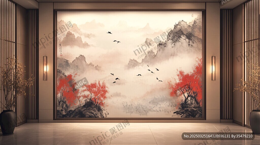 中式山水壁画装饰的雅致空间