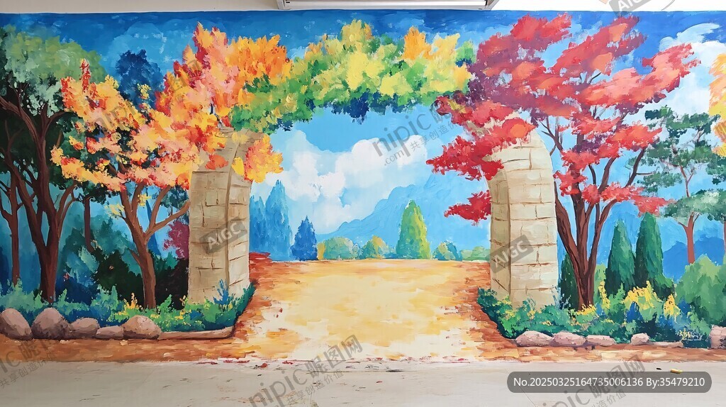 秋日拱门美景手绘墙绘