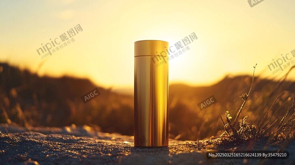 夕阳下的金色保温杯