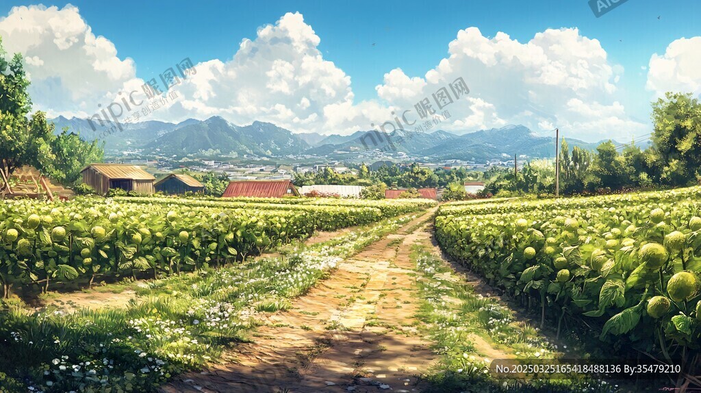 田园风光 绿野小径与远山