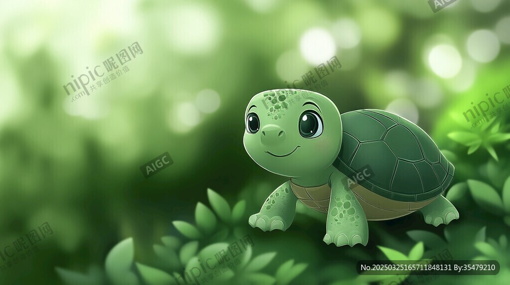 可爱绿海龟漫步绿色丛林