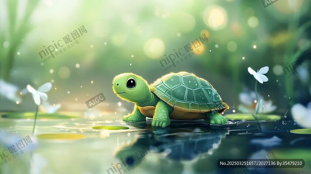 可爱绿龟漫步梦幻水世界