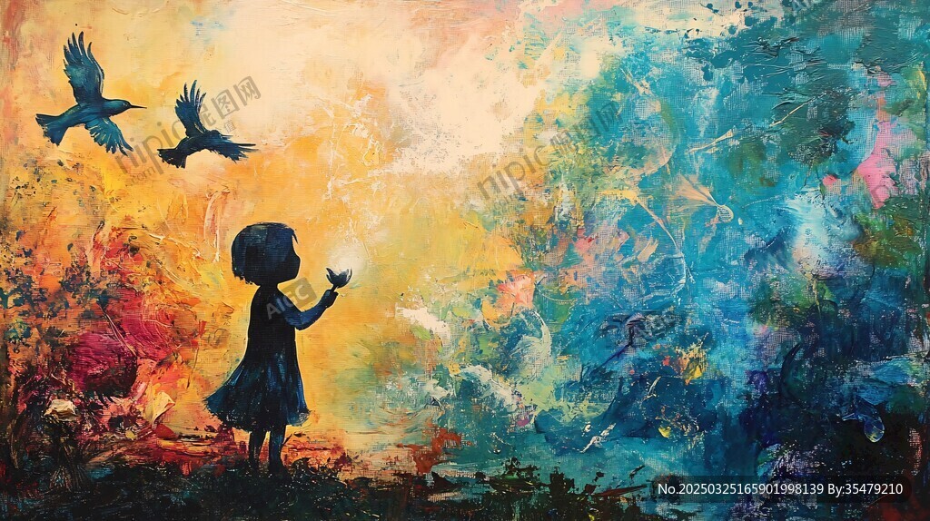 女孩与飞鸟的梦幻场景