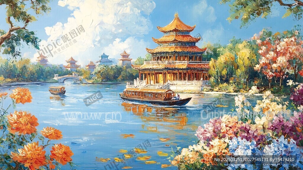 湖畔古楼赏春景