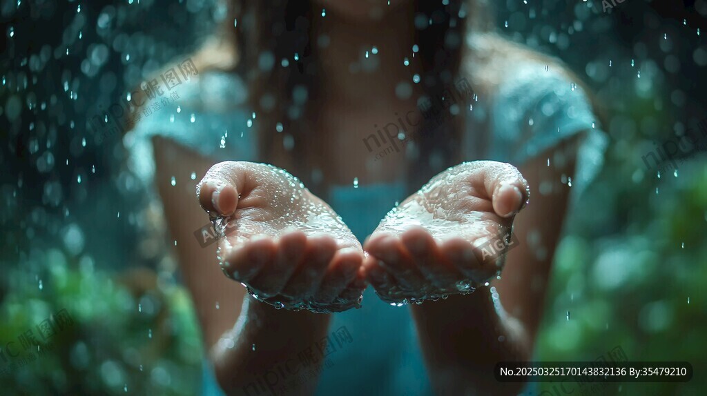 双手捧起雨滴的诗意瞬间