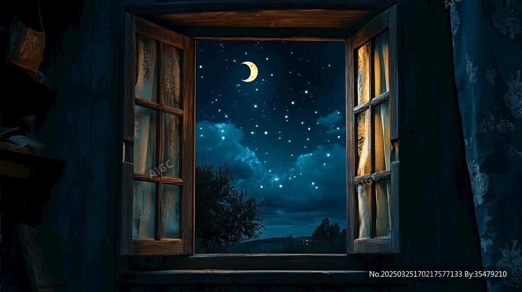窗边月夜 静谧星空美景