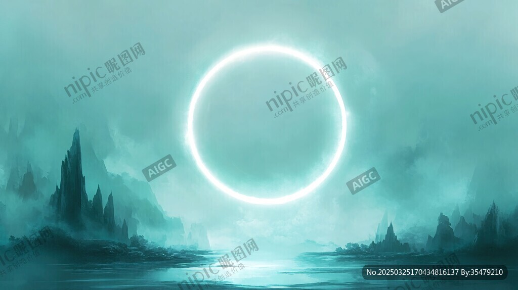 梦幻绿光圆环山水奇景