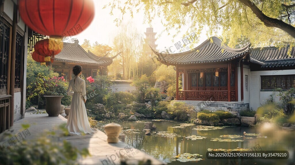 古园林中佳人赏景