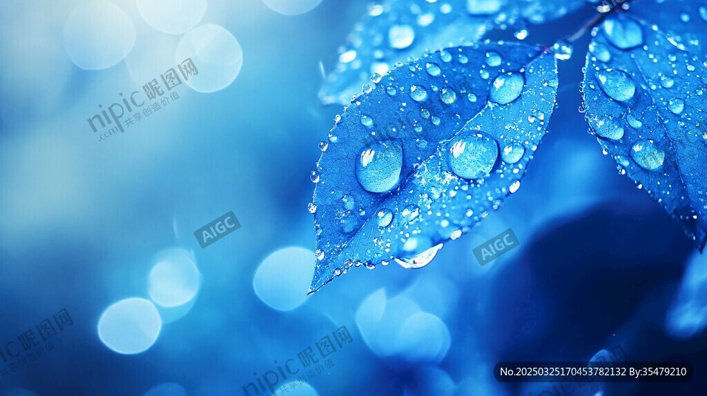 蓝叶上的晶莹水珠