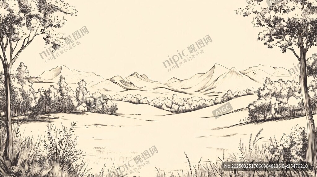 田园山水素描风景图