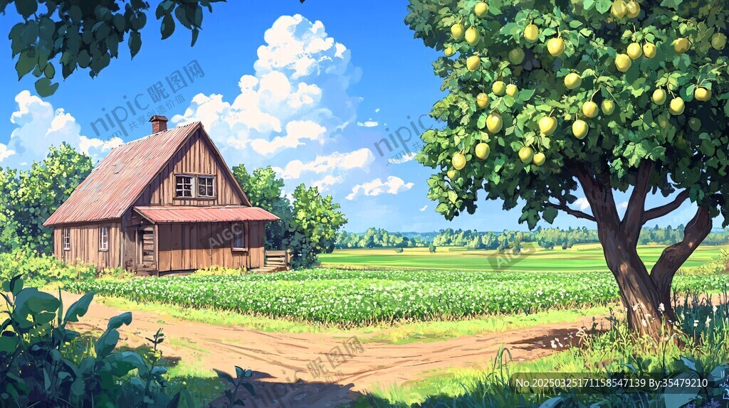 乡村田园小屋旁的丰收景象
