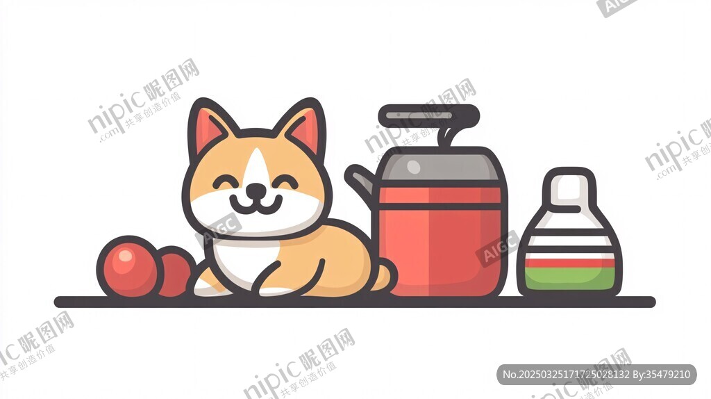 可爱柴犬与厨房用品相伴