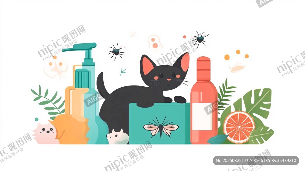 黑猫与驱虫用品插画