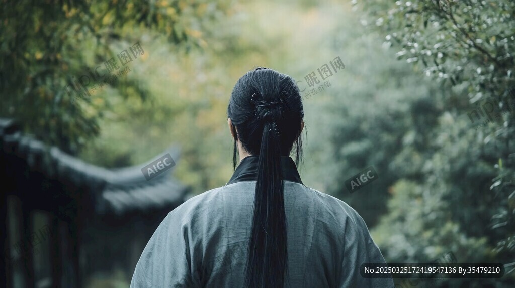 古风男子漫步清幽园林