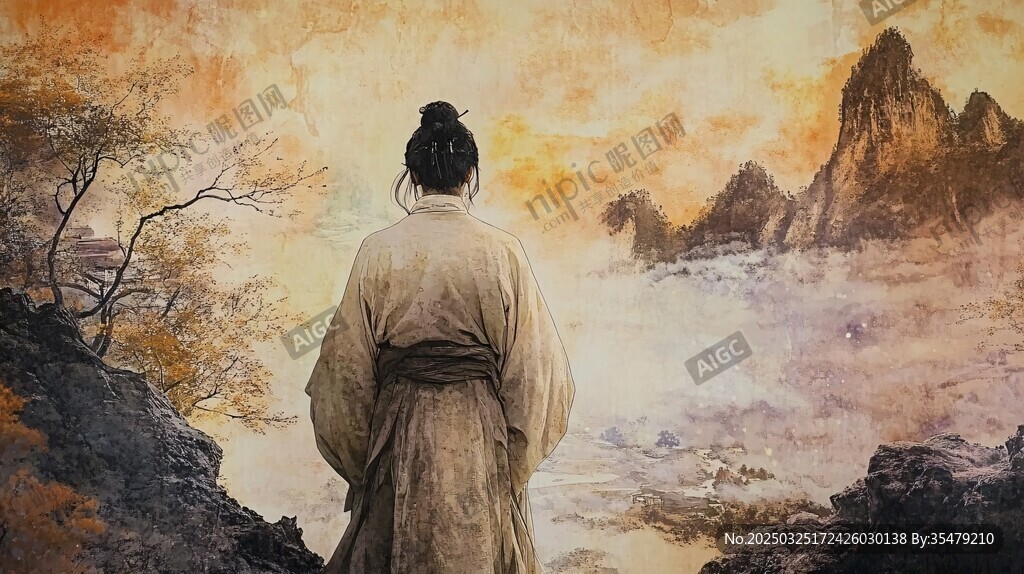 古装人物独立于山水之间