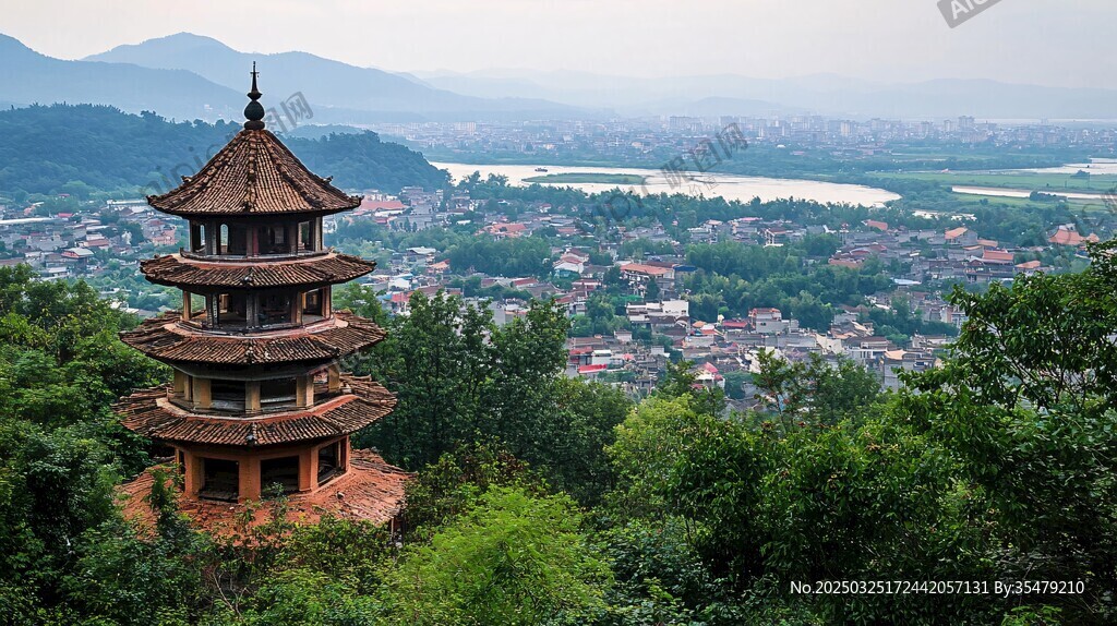 山林中的古朴宝塔远景