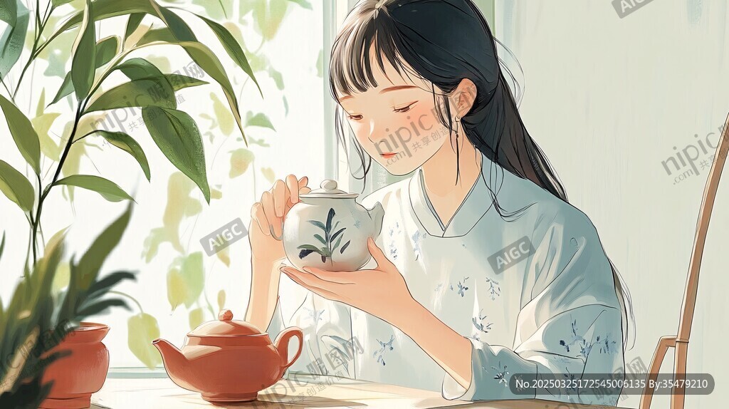 少女窗前悠然品茶赏绿植